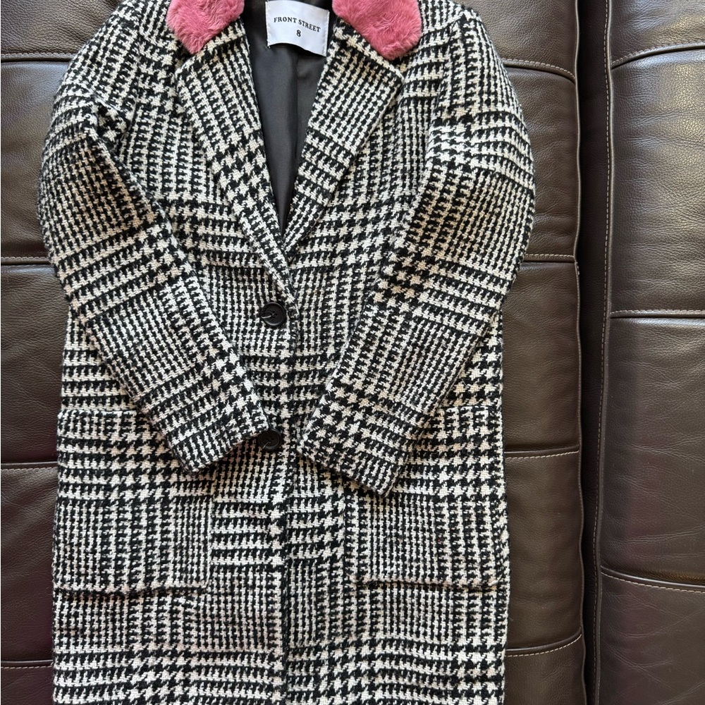 Kids Houndstooth Puffer Jacket with Pink Collar - Picture 3 of 11